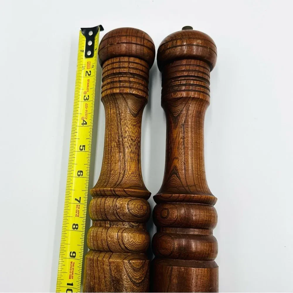 Vintage 1980s Wooden Salt Pepper Grinder Mill Set Large Turned Wood Kitchen Pair